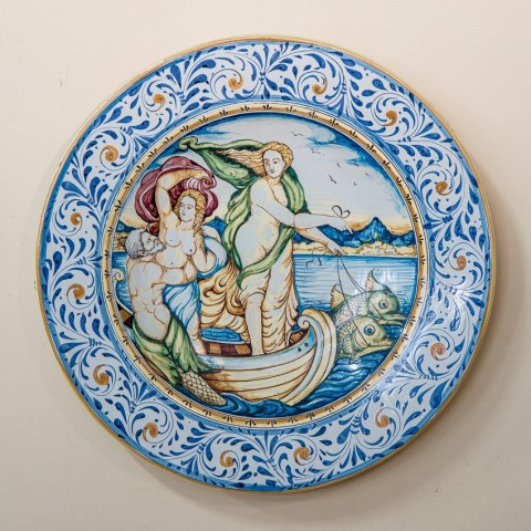 Flat Triumph of Galatea Colored Glazed Ceramic Dish